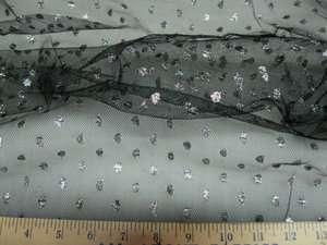 Fabric Black Lace Tulle Metallic Silver Coin Dot LC647  
