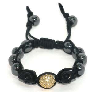 Macrame Bracelet on 10mm Faceted Hematite and Black Stone Skulls with 