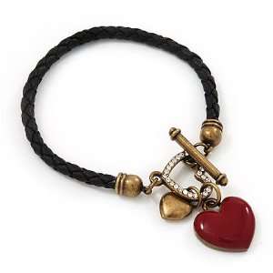 Black Leather Red Enamel Heart Charm Bracelet With T  Bar Closure   up 