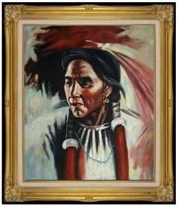 Framed Oil Painting Portrait of a Native American, Hand Painted 