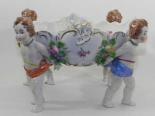 CONTINENTAL PORCELAIN BOWL SUPPORTED BY 4 CHERUBS ENCRUSTED FLOWERS 