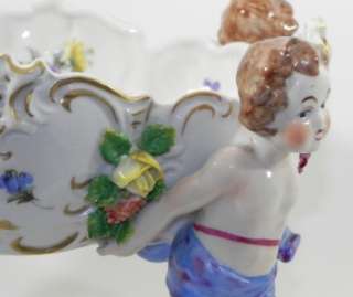 CONTINENTAL PORCELAIN BOWL SUPPORTED BY 4 CHERUBS ENCRUSTED FLOWERS 
