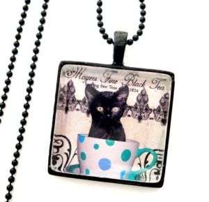 Altered Art BLACK Cat Tea Cup Glass Pendant Necklace  