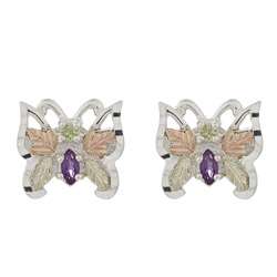 Black Hills Gold over Silver Amethyst and Peridot Butterfly Earrings 