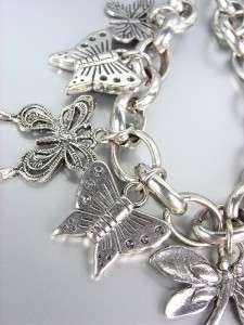   Antique Silver Metal Butterfly Dragonfly Charms Bracelet  
