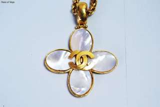 Authentic CHANEL Goldtone Long Necklace Seashell Flower CC Logo w/ Box 