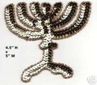 gold menorah 5 religious sequin bead applique Hanukah  