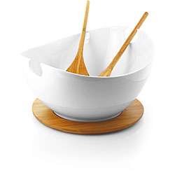 White Porcelain Salad Bowl on Bamboo Tray with Serving Utensils 