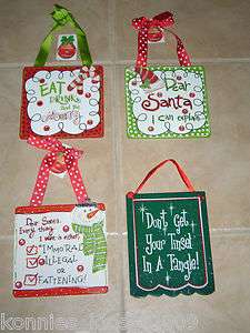 WHIMSICAL WOODEN CHRISTMAS PLAQUES WITH RIBBON HANGERS (NEW)  
