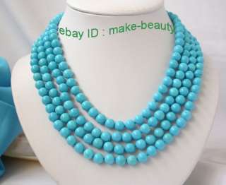 classic 4rows natural 8mm round blue turquoise beads necklace  