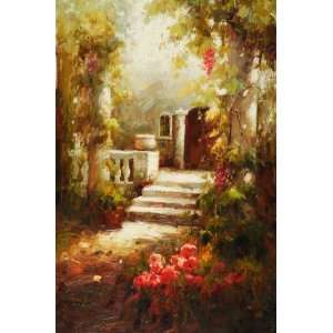 Landscape, Courtyard, Hand Painted Oil Canvas on Stretcher Bar 24x36 