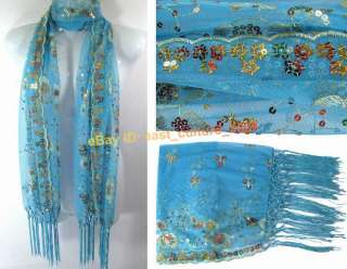Gorgeous Beaded Flower Silk Shawl Wraps Blue WPS 08  