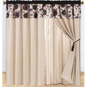    Purple and Linen Floral Flocking Curtain Set