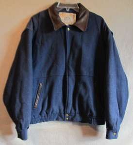  John Ashford Navy Blue Insulated Wool Jacket w/ Leather Collar, Mens S