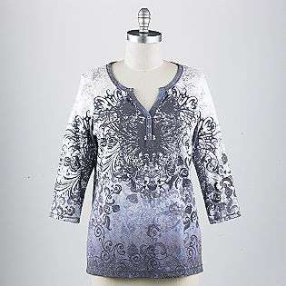   Plus 3/4 Sleeve Printed Henley  One World Clothing Womens Plus Tops