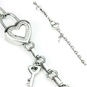   Steel Link Bracelet with Paved Gems Heart Lock and Key Charms Jewelry