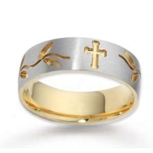    14k Two Tone Gold Stylish Cross Carved Wedding Band Jewelry