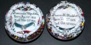 PAIR, ANTIQUE MEMORIAL GLASS PAPERWEIGHTS, VERY RARE!  