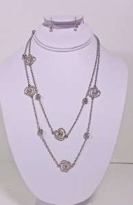 Long Silver Single Chain Crystal Station Necklace Set  