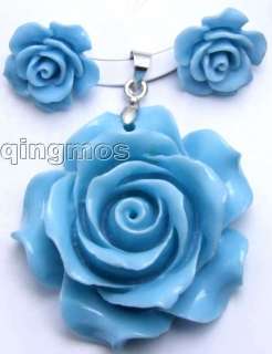   gift Big 35mm Blue Rose coral pendant & 15mm earring set pen159  