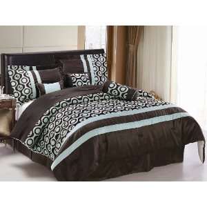 7pc King Aqua Blue Circle and Brown Comforter Set Bedding in a bag 