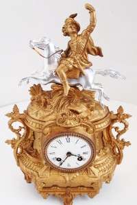   Freres 2 tone gilt silver &gold figural horseman mantel clock  