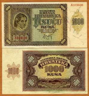 Croatia, 1000 Kuna, 1941, P 4, WWII, aUNC  