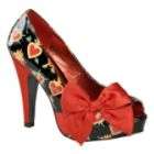 Pin Up Womens Bettie 13   Black Sacred Heart Patent Leather/Red Satin