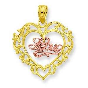  14k Two Tone Lace Heart With Dangling Love Pendant 