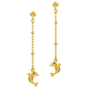  Long Drop Dangle Dolphin 14K Yellow Gold Charm Earrings Jewelry