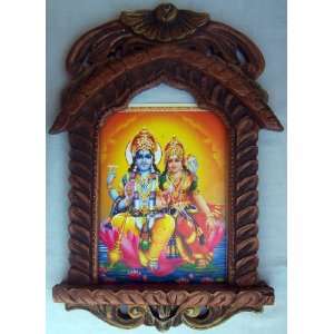 Lord Vishnu with his wife laxmi on lotus flower poster in wood craft 
