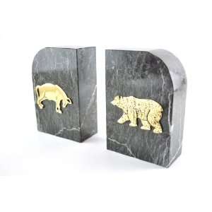  Green Marble Gold Plated Stock Market Bookends, tarnish 