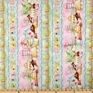   Wide Tea & Sweets Border Stripe Goodies Pink/Blue Fabric By The Yard