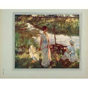  1919 Von Glehn Fishing Victorian Ladies Painting Print   Orig. Hand 