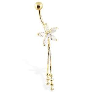  14K solid gold flower belly ring with dangling chains and 