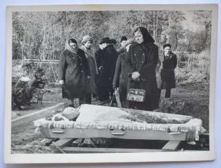 1950s Russia POST MORTEM Man in Coffin and Widow Mourning Photo, in XF 