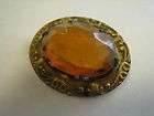 Vintage Brass With Large Amber Stone Brooch, Pin, Unmar