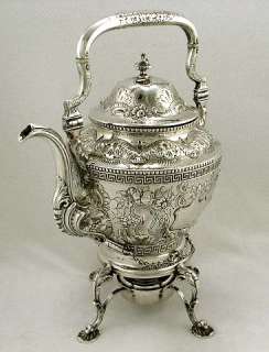 William Gale Coin Silver Kettle on Stand 1850 Family Crest 64oz  