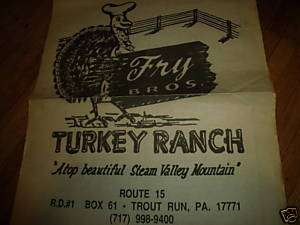 1980s Fry Bros Turkey Ranch Restaurant Menu  