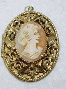   Tone Carved Shell Figural Cameo Locket Pendant 1 3/4 x 1.5  