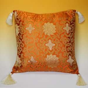  Chinese Orange Brocade Silk Decorative Pillow