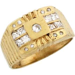   Gold Mens Round and Square Cut CZ Ring with Side Detail Jewelry