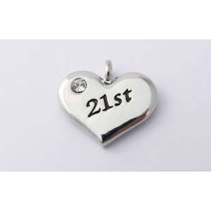 21st Charm   Silver Plated and Crystal   Birthday Heart Charm 