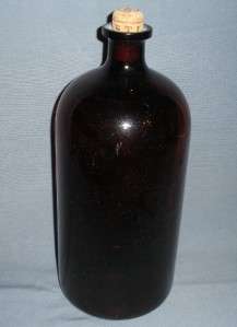 LARGE DK AMBER GLASS APOTHECARY BOTTLE JUG CORK TOP PHARMACEUTICAL OLD 