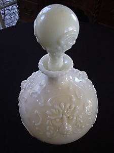 Antique Victorian Milk Glass Jug Bottle has stopper Lion Heads 9 1/2 