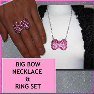 XL HELLO KITTY PINK BOW CRYSTAL NECKLACE & RING SET ♡  