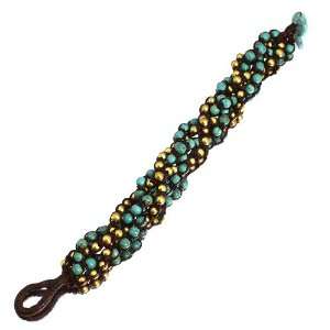 Woven Bead Bracelet; 8L; Brown Woven Cord; Gold And Turquoise Stone 