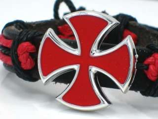New Red Cross Adjustable Cuff Black Wristband Bracelet Leather  