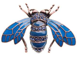 Crystal Rhinestone Pin Brooch In Blue Honey Bee Bug Beetle Brass Tone 