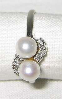 10K Wh Gold Double Cultured Pearl Diamond Womans Ring  
